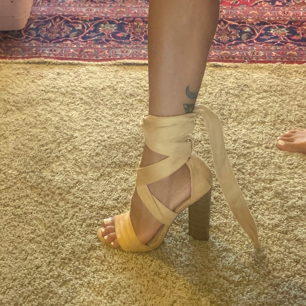 Nude suede tie up ballerina heels